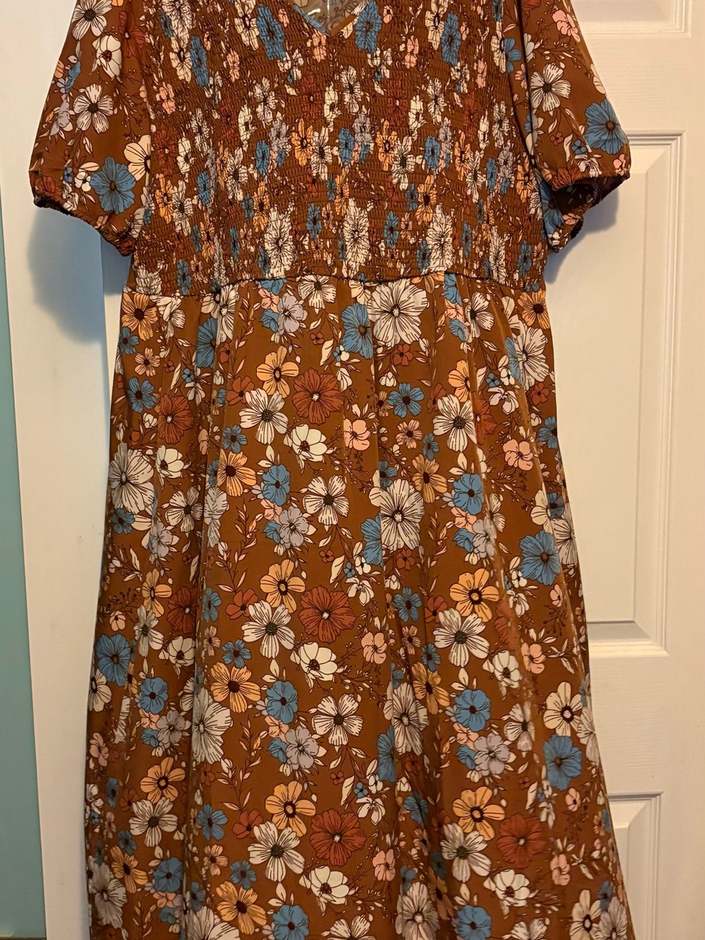 BloomChic Brown Floral Maxi Dress with Blue & Pink Accents